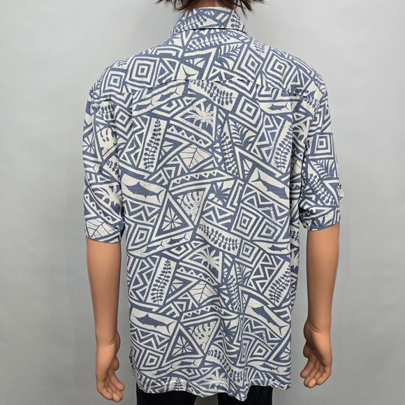 Quiksilver Waterman Shirt Shark Wave Geo Print Short Sleeve XL Comfort fit Blue - Picture 8 of 12